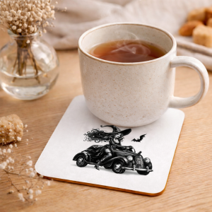 Dessous de verre sorcière avec voiture rétro