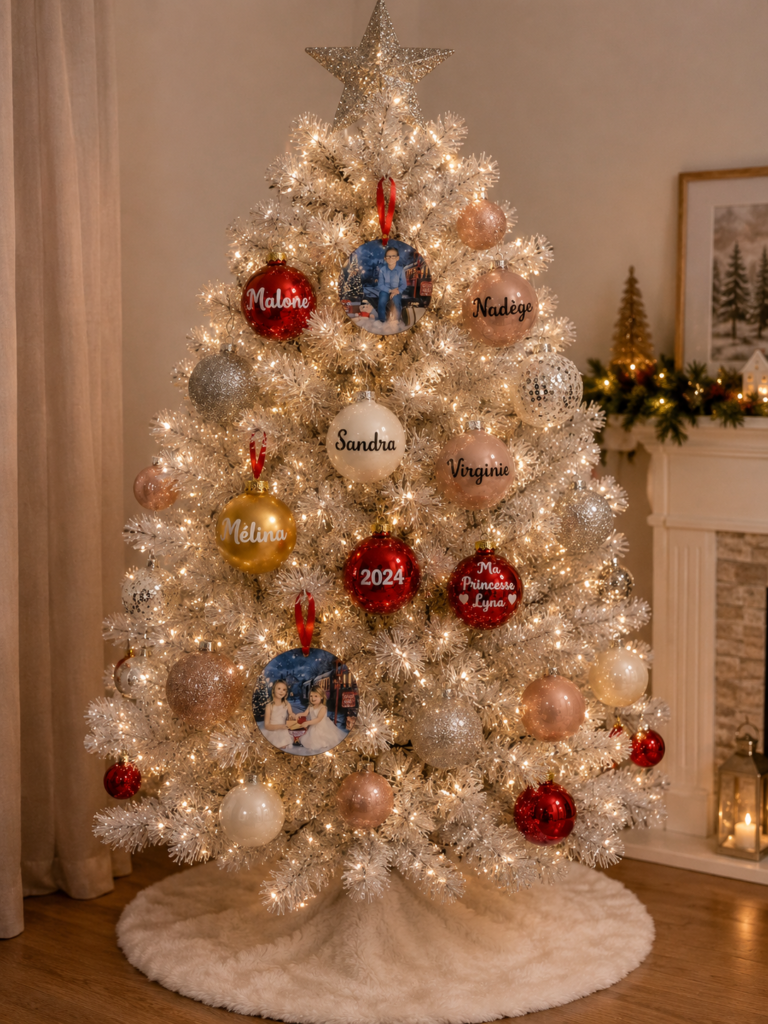 Boules de Noël personnalisées avec prénom et photo suspendues sur un sapin de Noël blanc illuminé