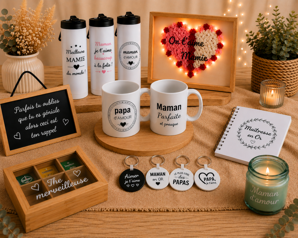 Sélection de créations personnalisées Sublimelo : mugs, gourdes, bougies, porte-clés, ardoises et cadeaux personnalisés fabriqués en France.
