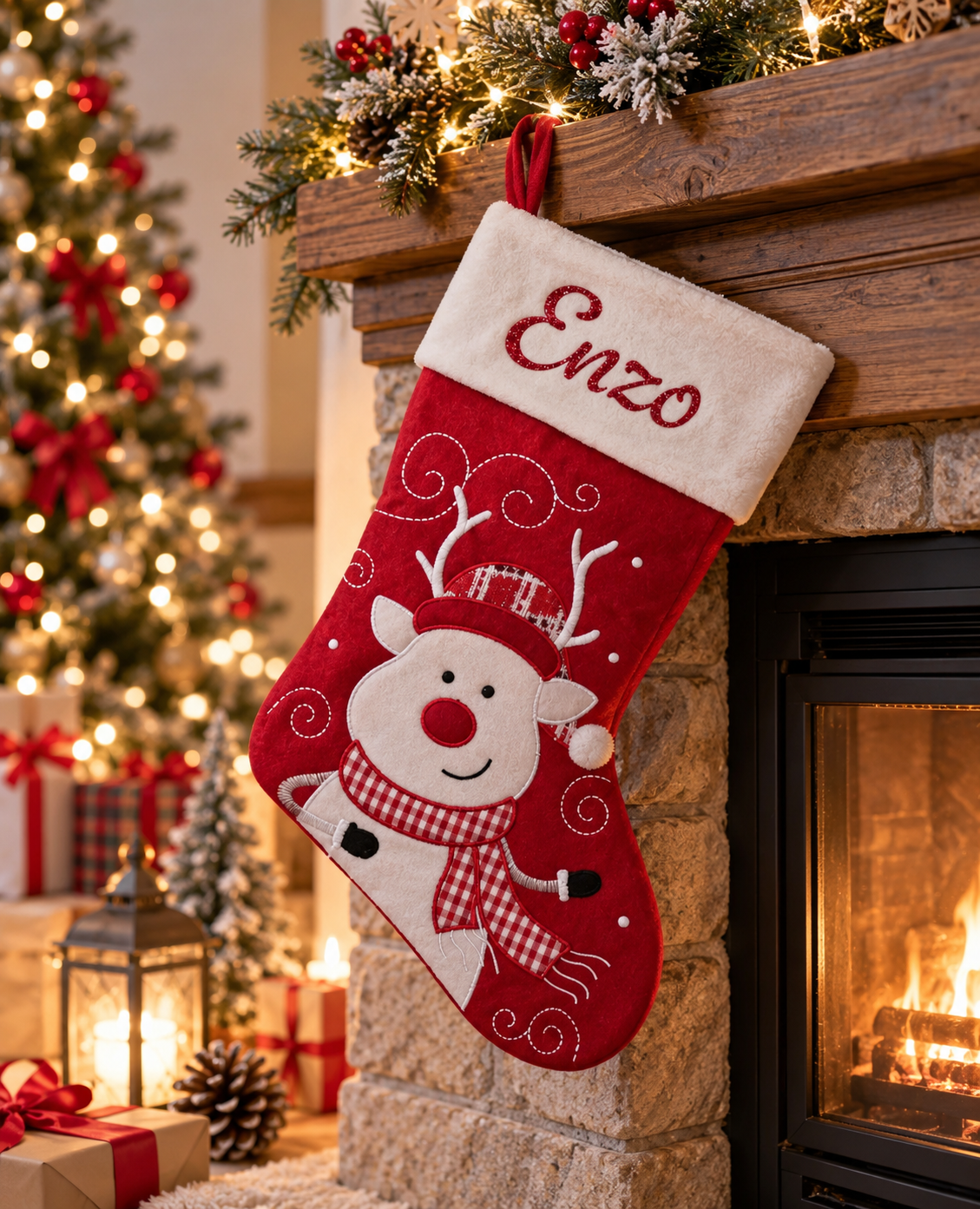 Chaussette de Noël personnalisée avec prénom en flex thermocollant suspendue à une cheminée