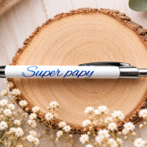 Stylo personnalisé Super Papy sur rondin de bois