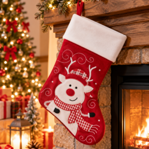Chaussette de Noël rouge et blanche avec renne suspendue à une cheminée, sans prénom