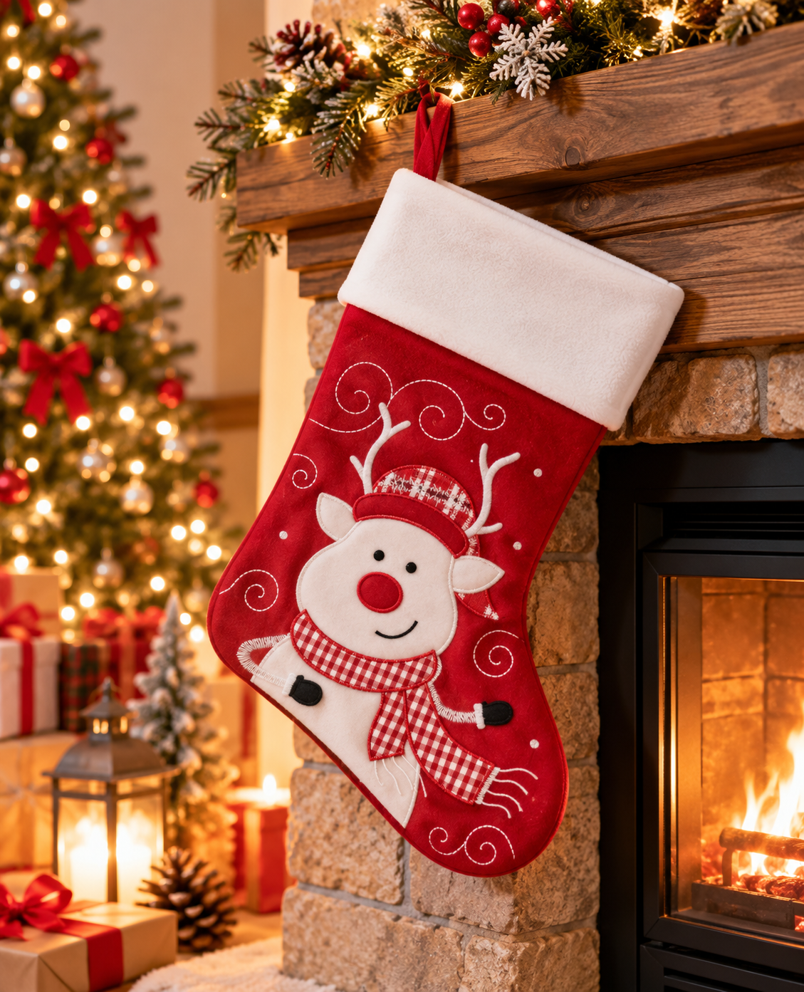Chaussette de Noël rouge et blanche avec renne suspendue à une cheminée, sans prénom