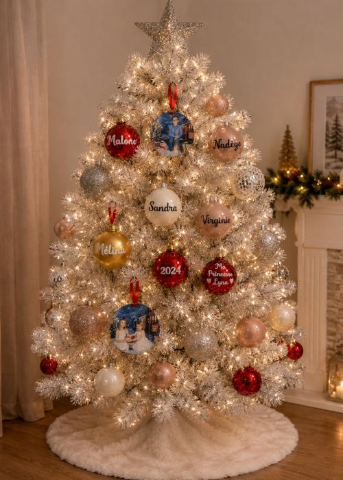 Boules de Noël personnalisées avec prénom et photo suspendues sur un sapin de Noël blanc illuminé